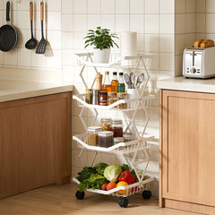 Foldable Kitchen Organizer Cart with 360° Rotating & Multi-Tier Shelves, Large Capacity Metal Vegetable Cart & Organiser - Portable, Space-Saving Storage for Pantry, Utility Room & Kitchen