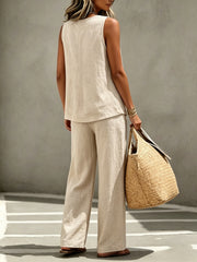 Spring Summer Women's Matching 2pcs Sets, V-Neck Sleeveless Button Top & Flowy Wide Leg Pants, Casual Resort Style Loungewear, Perfect for Summer Holiday, Staycation & Casual Outings, Holiday Essential