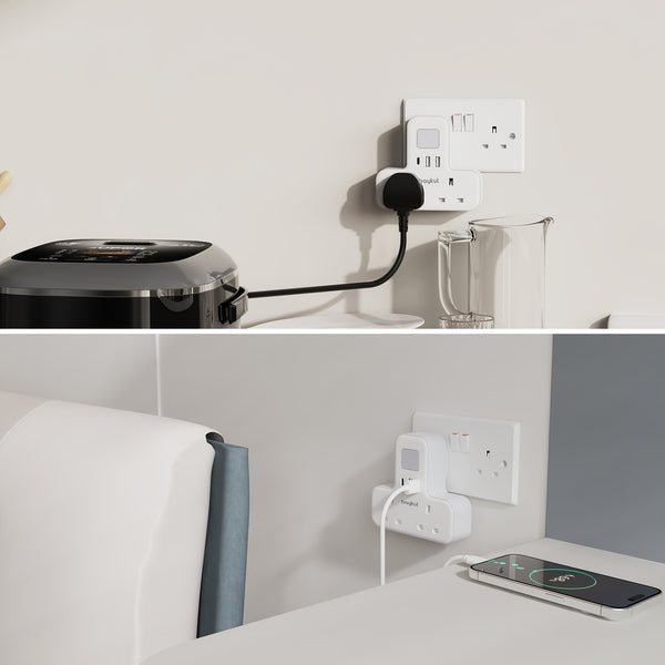 UK Plug Wall Extension Socket with 2 USB & 1 Type-C Ports, Adjustable Night Light Design for Bedroom/Kitchen, 2 AC Outlets Plug Adapter, 3250W Power Rating