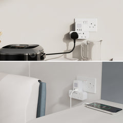 UK Plug Wall Extension Socket with 2 USB & 1 Type-C Ports, Adjustable Night Light Design for Bedroom/Kitchen, 2 AC Outlets Plug Adapter, 3250W Power Rating