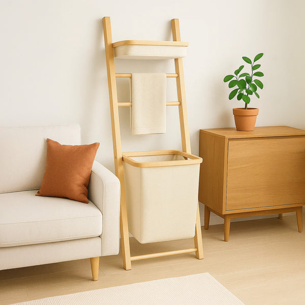 Japanese-Style Bathroom Ladder Shelf with Oxford Fabric Storage, Freestanding Wooden Towel Rack Organizer for Bathroom Accessories