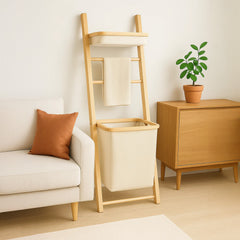 Japanese-Style Bathroom Ladder Shelf with Oxford Fabric Storage, Freestanding Wooden Towel Rack Organizer for Bathroom Accessories