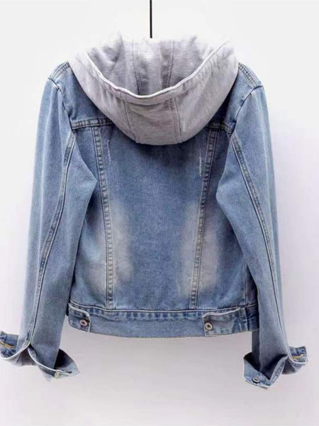 Women's denim hooded winter jacket with pockets - Warm panel design, detachable hood, casual autumn/ winter jacket, comfortable for outdoor wear, Women's winter denim, Cold Weather Wear, Seasonal Fashion, Retro Style, Quality Stitching, Casual Attire