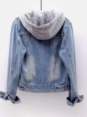 Women's denim hooded winter jacket with pockets - Warm panel design, detachable hood, casual autumn/ winter jacket, comfortable for outdoor wear, Women's winter denim, Cold Weather Wear, Seasonal Fashion, Retro Style, Quality Stitching, Casual Attire