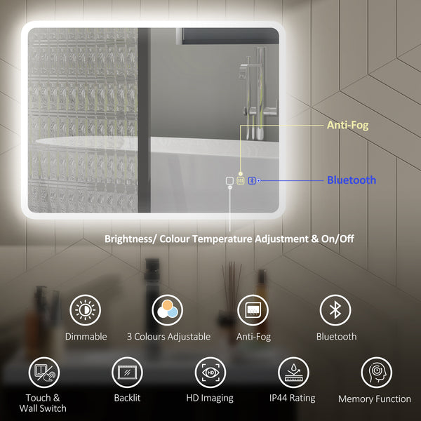 Backlit Illuminated Bathroom Mirror with LED Lights and Bluetooth, Wall Mounted Vanity Mirror with 3 Colours Dimmable, Anti-Fog, Memory Function, Touch Switch, IP44