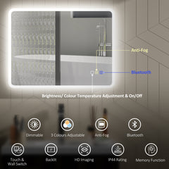 Backlit Illuminated Bathroom Mirror with LED Lights and Bluetooth, Wall Mounted Vanity Mirror with 3 Colours Dimmable, Anti-Fog, Memory Function, Touch Switch, IP44