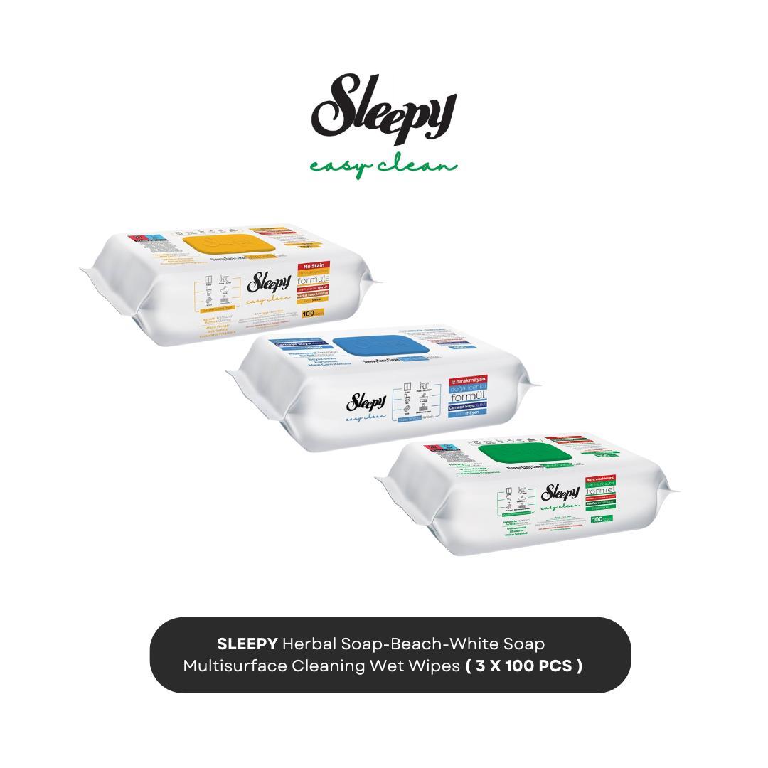 300x Sleepy Cleaning Wipes with Bleach Additive - Extra Strong Against Stains - Green, Blue, and Yellow Surface Cleaning Set - Perfect for Floors, Kitchen, Bathroom, and Quick Shine on Smooth Surfaces