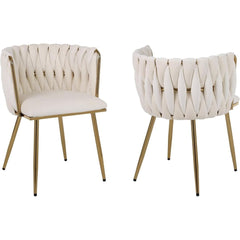 Set of 2 x Luxury Velvet/Metal Upholstered Seat Woven Dining Kitchen Home Restaurant Bar Pub Stool Chair (Cream/Gold)