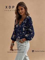 2D Flat Print Retro Western Style Shirt| V-neck Women's Long-sleeved Top with Colorful Small Floral Print, Bohemian Style Lantern Sleeve Design, Machine Washable, Suitable for Casual Attire and Vacations, 2D Flat