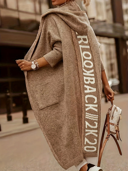 Letter Print Open Front Hooded Cardigan, Casual Long Sleeve Cardigan For Fall & Winter, Women's Clothing