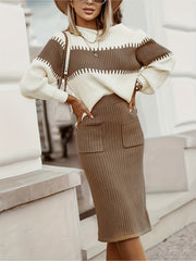 High Neck Pullover Skirt Split Two-Piece Color Block Contrast Thick Long Sleeve Sweater Set, Winter Wardrobe, Elegant Style, Color Block Design, Thick Fabric, Pullover Top, Long Sleeve Skirt, Women'S Fashion, Office Wear