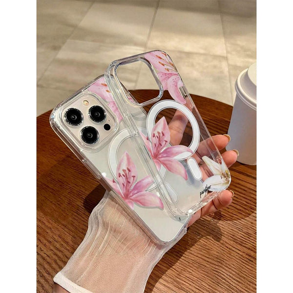 Phone case: 1pc Transparent Wireless Magnetic Lily Flower Design Phone Case, Soft+ Hard Material, Suitable as a Holiday Gift Compatible with iPhone 15 16 Pro/Pro Max/14 15 16 Plus, Anti-Fingerprints and Scratch-Resistant, Shockproof Anti-Drop