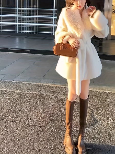 Fashion Imitation Coat Furcollar Lace-up Mid-length Belt Coat Women's Autumn and Winter Design Warm Top
