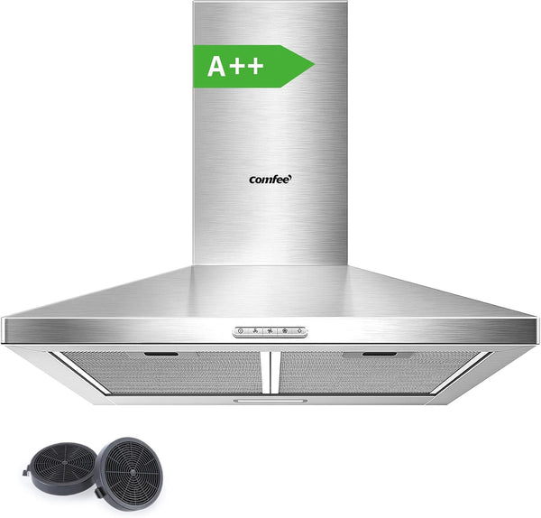 COMFEE' 60 Cm Chimney Cooker Hood Stainless Steel Extractor Hood with LED and Recirculating & Ducting System Wall Mounted Range Hood 600 Mm Extractor Fan - Silver KWH-PYRA17SS-60