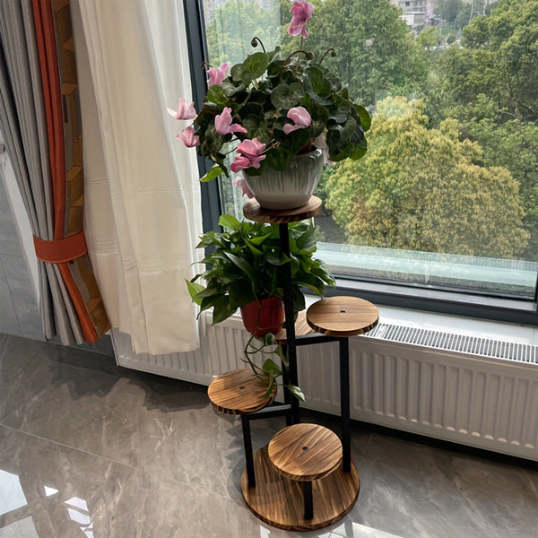 1 6-Tier Plant Stand with Wide Tray & Corner Pot Holder - Heavy-Duty Wood & Iron Multi-Tier Flower Display Shelf Suitable for /Outdoor Use, Space-Saving Step Shelves with Plant Display (Balcony,,)