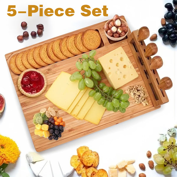 1 set (1 cheese board + 4 cheese utensils) set, cheese tray wooden cutting board cheese cutting board bamboo wooden tray kitchen supplies kitchenware Christmas kitchen accessories.