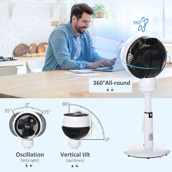 9'' Air Circulator Fan 3 Speed 3 Mode, 70 Oscillation 90 Vertical Tilt, Height Adjustable, Remote Controller, for Living Room, Bedroom, Office, Black and White