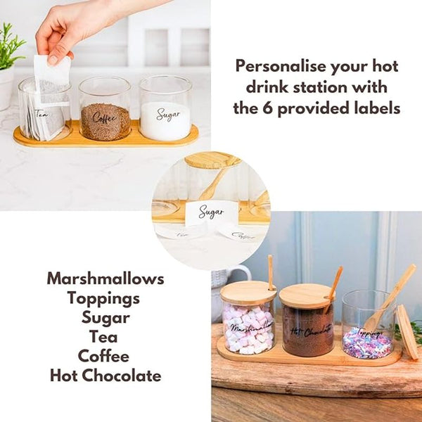 Marco Paul Glass Tea Coffee Sugar Canisters Set with Lids Hot Chocolate Station Glass Storage Jars with Lids Cocoa Powder Spices Herbs Home and Kitchen Accessories House Essentials Storage Containers