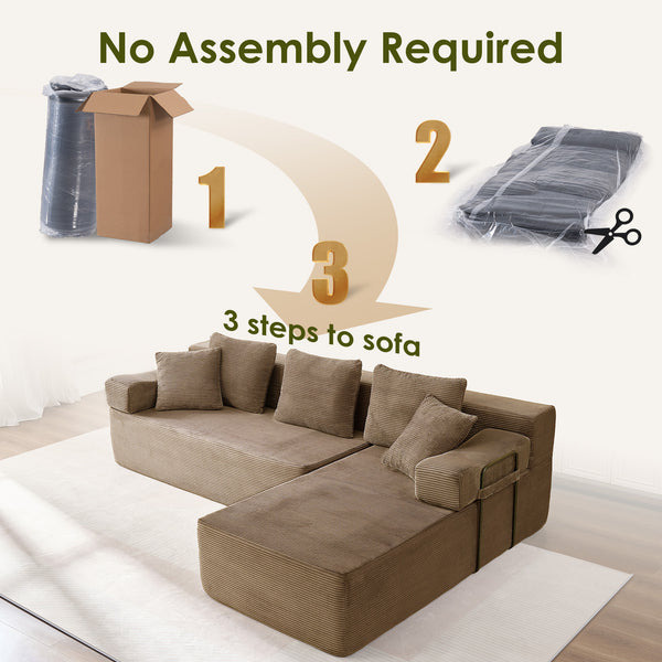 ROXGOX L-Shaped Sectional Sofa with Reversible Chaise, Left or Right Facing Modular Couch, No Assembly Required, Perfect for Small Apartment, Black Borwn Grey