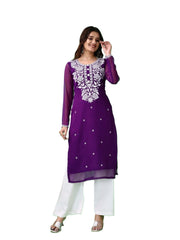 Estationeryhouse Women's Georgette Lucknowi chikankari kurti, Rose Design with Heavy Embroidery, Without Bottom