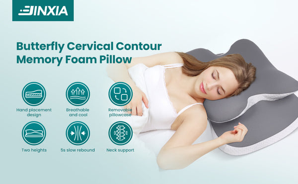 Cervical Neck Pillows for Neck and Shoulder, Odorless Memory Foam Pillow with Cooling Silk Case, Orthopedic Pillow Neck Support - Gray