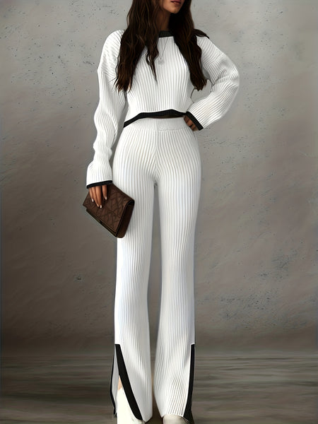 Women'S Short Color-Blocked Long-Sleeve Top with Solid Color Pants, a Casual And Stylish Outfit for Christmas