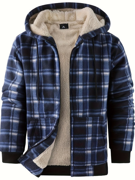 Men's Heavyweight -Lined Hooded Jacket - Full-Zip Plaid Thickened Shirt with Pockets and Adjustable Drawstring, Comfortable and Warm for Autumn and Winter