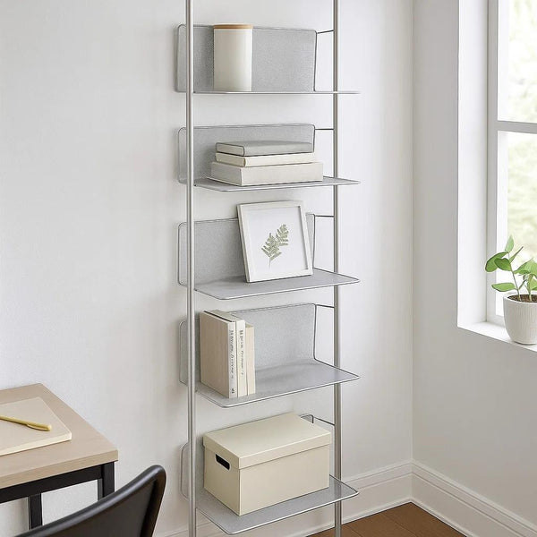 [5-Tier Metal Ladder Bookshelf] 5-Tier Metal Ladder Bookshelf, Wall Mounted Storage Rack, Lacquered Finish, Steel Frame, with Inclined Shelves for Living Room, Home Office, Kitchen, Bedroom, Bathroom, Standing Shelf, Standing Shelf