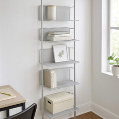[5-Tier Metal Ladder Bookshelf] 5-Tier Metal Ladder Bookshelf, Wall Mounted Storage Rack, Lacquered Finish, Steel Frame, with Inclined Shelves for Living Room, Home Office, Kitchen, Bedroom, Bathroom, Standing Shelf, Standing Shelf