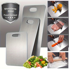 Three Durable Stainless Steel Plates That Are Easy to Care For, Ideal for Slicing Fruits, Vegetables, Meat, And Bread. They Come with Safe Cutting Boards And Are Easy to Clean, Making Them Versatile Kitchen Tools for Meal Preparation
