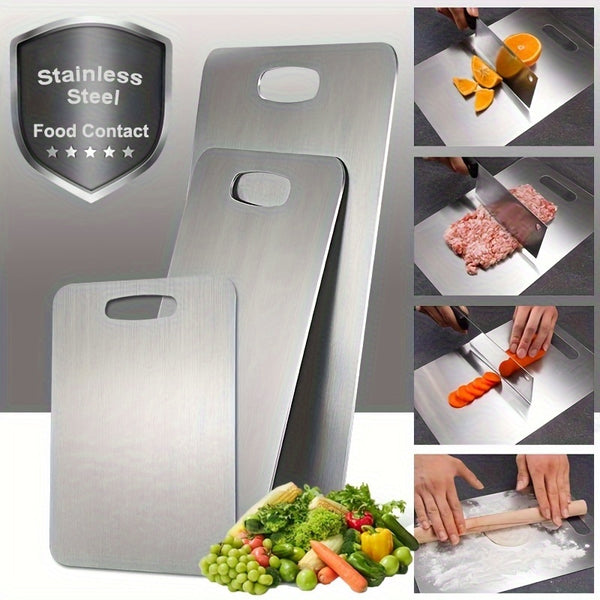 Three Durable Stainless Steel Plates That Are Easy to Care For, Ideal for Slicing Fruits, Vegetables, Meat, And Bread. They Come with Safe Cutting Boards And Are Easy to Clean, Making Them Versatile Kitchen Tools for Meal Preparation