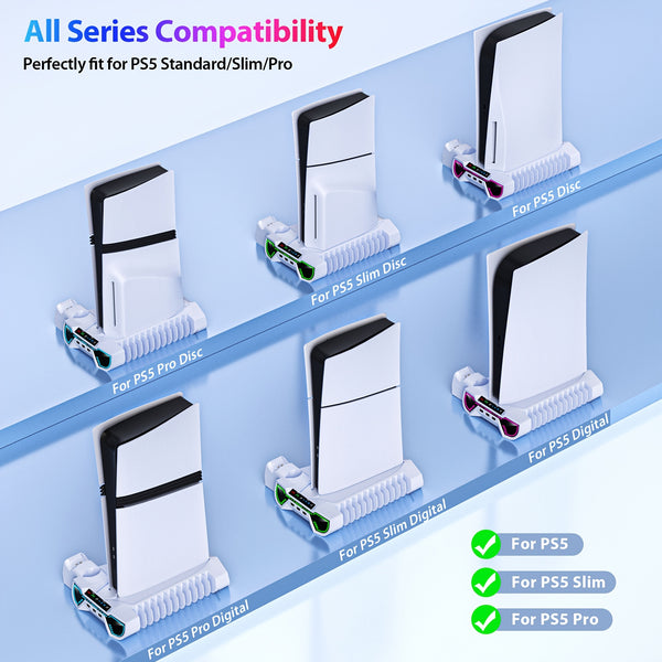 For Ps5/Slim/Pro Cooling Station And Controller Charging Station with RGB Stand for Playstation 5 Console - for PS5 Controller Charger, Cooling Stand Accessory Kit-Cooler Fan/Headset Holder/3 USB Hub, White