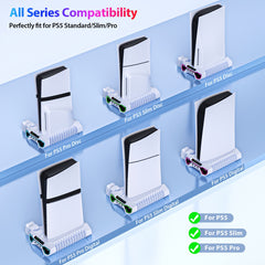 For Ps5/Slim/Pro Cooling Station And Controller Charging Station with RGB Stand for Playstation 5 Console - for PS5 Controller Charger, Cooling Stand Accessory Kit-Cooler Fan/Headset Holder/3 USB Hub, White
