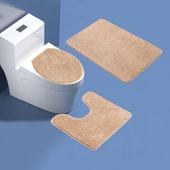 3-Piece Bathroom Rug Set - Plush Water Absorbent Mat, U-Shaped Contour Toilet Mat & Lid Cover for Tub/Shower