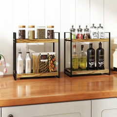 2 Tier Spice Racks Wood & Metal Organiser - Multipurpose Storage Shelf for Coffee Station, Bathroom Vanity, Kitchen Countertop (34x33x17cm) - Rustic British Home Decor