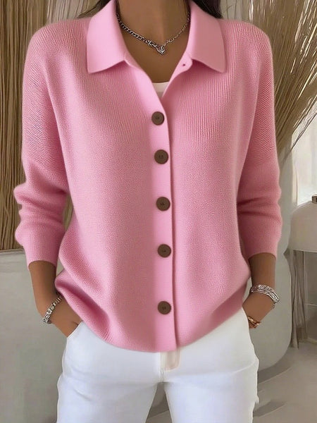 Women Lapel Collar Button Front Solid Long Sleeve Loose Casual Cardigan Top