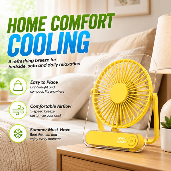 Mini Portable USB Fan Desktop Fan Rechargeable, Ultra-Quiet 5-Speed Adjustment Foldable 180 Degree Adjustable with LED Display for Office, Home, Outdoor, Camping And Travel