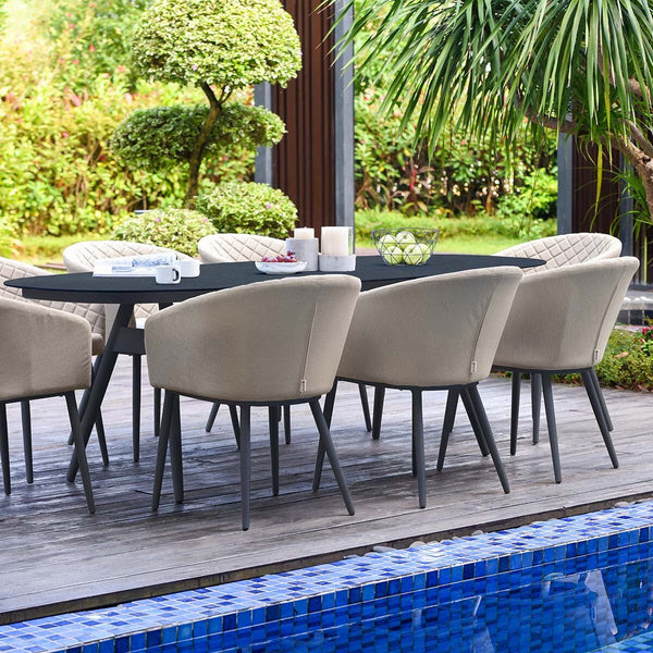 Maze Ambition 9 Piece Oval Dining Patio Set + Cover (In Oatmeal)