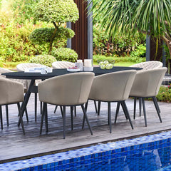 Maze Ambition 9 Piece Oval Dining Patio Set + Cover (In Oatmeal)