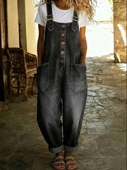 Womens Elastic Vintage Washed Denim Overalls Casual Loose Fit Wide Leg Jumpsuit Slouchy Cargo Bib Overalls with Pockets Adjustable Straps Button Jean Romper for Weekend Camping Outdoor Outfits