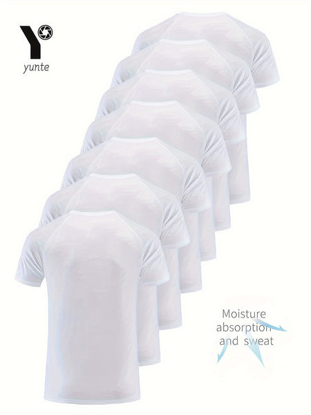 7-Pc White Ultra-Light Men'S Crew Neck T-Shirts - Quick-Drying, Breathable, Sweat-Wicking Shirts, Suitable for Fitness, Gym And Running, Lightweight And Comfortable, Sports Fitness Training Quick-Drying Short-Sleeved Moisture Wicking