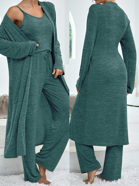 Women's casual home suit solid color mid-length cardigan solid color camisole imitation lace-up trousers three-piece suit for women