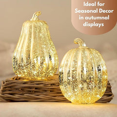 Marco Paul Extra Large Gold Light Up Pumpkin & Squash Pair - 2 Pack Autumn Decorations with Warm LED Lights & 6hr Timer - Plastic Pumpkins for Halloween Ornaments, Autumnal Decor & Seasonal Styling