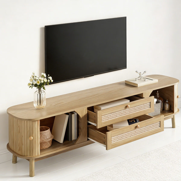 Natural Country Style TV Stand - Wood-Blend Cabinet With Doors Drawers, Rattan Sides, Practical Storage Solution For Living Room Home