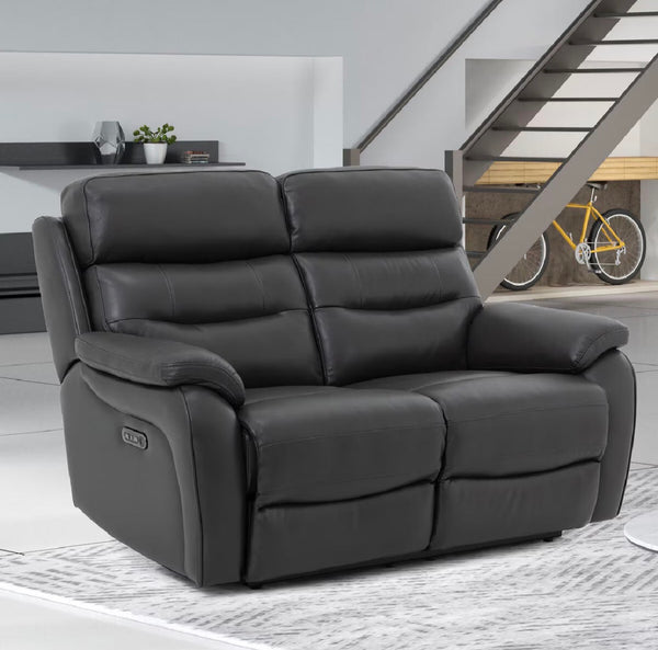 Fletcher Dark Grey Leather Power Reclining Large 2 Seater Sofa with Power Headrest