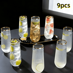 9pcs Golden Rim Striped Plastic Champagne Flutes, 9oz Stemless Clear Cocktail Glasses, Ideal for Weddings, Engagements, Birthday Parties, Graduations, Anniversaries, Catering Events, Thanksgiving, Valentine's Day, Proposals, Wine, Champagne, Mimosa