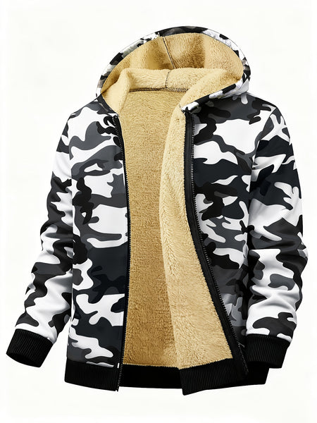 Men's Casual Zip-Up Hooded Jacket with Letter Print, Black & Beige Contrast, Regular Fit, Machine Washable, Front Pockets for Outdoor & Casual Attire