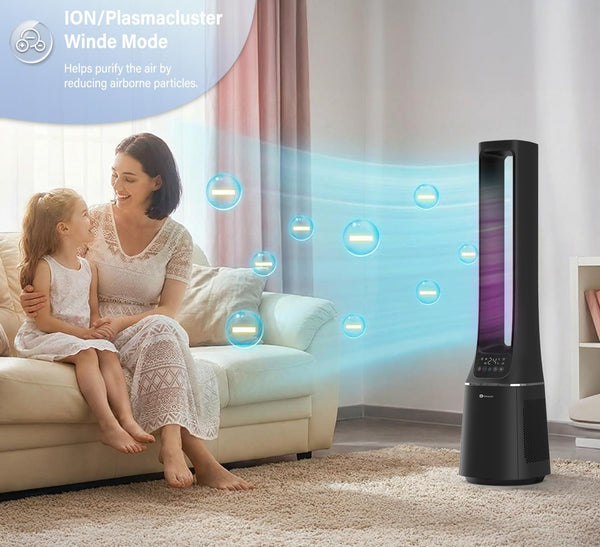 Puremate 2-In-1 Bladeless Tower Fan & Air Purifier with HEPA Filter, 10 Speed Settings, Portable Ultra Quiet Standing Fan with Remote Control, Digital Display, Powerful Air Cooling for Home & Office