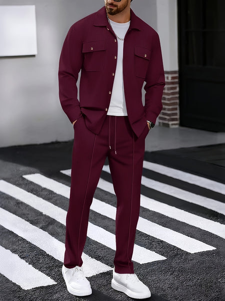 Men's Two-Piece Set, Autumn-Winter Casual Fashion Beach Dual Pocket Turn Collar Long Sleeve Shirt + Trousers Outfit for Fall/Winter Hawaiian Vacation