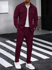Men's Two-Piece Set, Autumn-Winter Casual Fashion Beach Dual Pocket Turn Collar Long Sleeve Shirt + Trousers Outfit for Fall/Winter Hawaiian Vacation